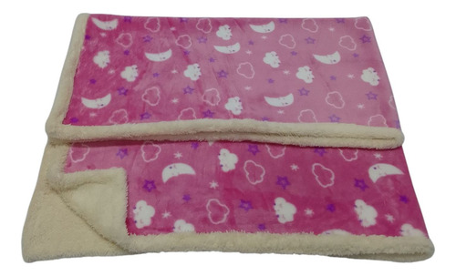 Manta Para Bebé De Polar Soft Estampada Con Corderito 85x115 Nubes Lunas Rosa