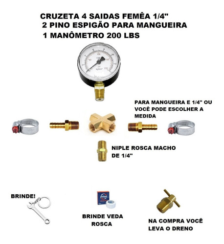 Kit Manometro+cruzeta+dreno+pinos P/ Compressor+brindes
