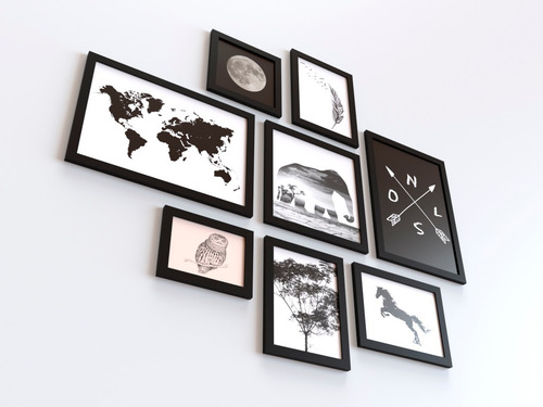 Conjunto Kit 7 Quadros Decorativos Mapa Elefante Lua Grande