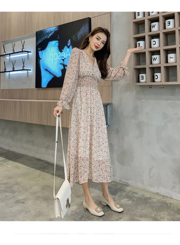 Vestido Midi De Manga Larga Con Cuello En V Y Estampado Flor