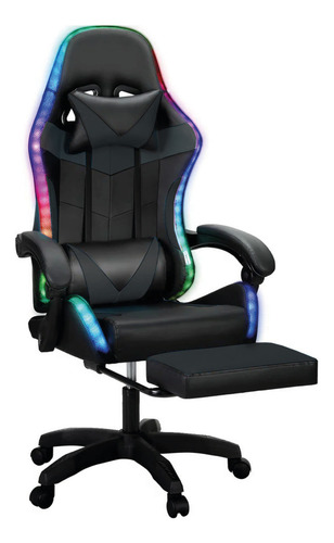 Silla Gamer Con Luces Led Ergonomica Reclinable Con Apoya Pies Base Giratoria De Cuero Sintetico Color Negro Cl