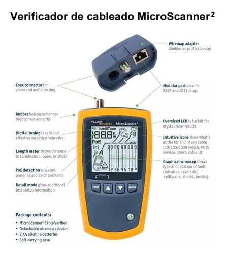 Verificador de Red Microscanner2 Fluke 2772449 para Comprobación de Redes de Voz Datos y Video con Pantalla Lcd Retroiluminada para Ethernet Industrial