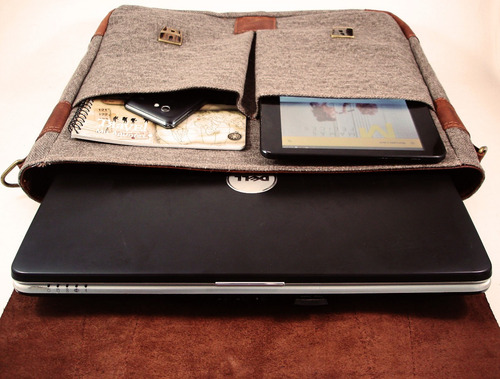 Morral De Cuero Y Canvas Vintage Portanotebook Fabrica