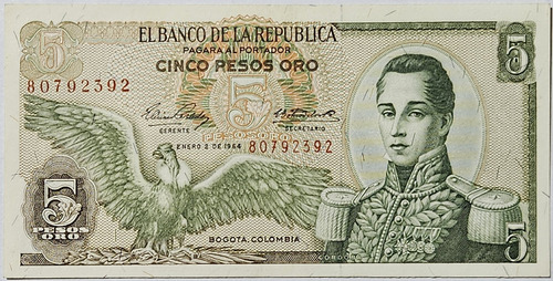 Billete 5 Pesos 02/ene/1964 Colombia Xf