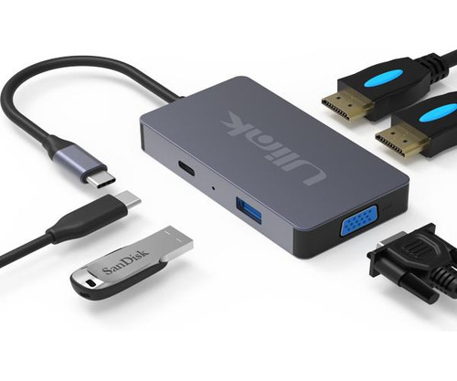 Hub Adaptador Type-c (5en1) 4k Hdmi X2/ Vga/ Type-c/ Usb 3.0