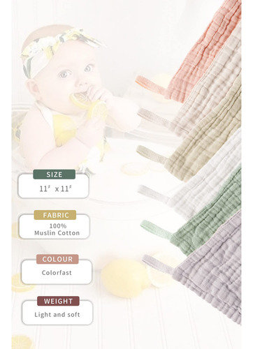 Paq 6 Toallitas De Muselina Para Bebé Unisex 100 % Algodón P
