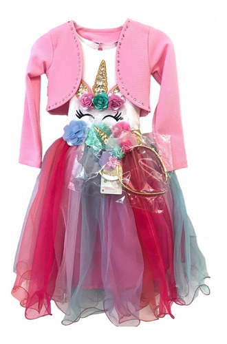 Vestido De Unicornio Para Niña Con Torera Y Diadema 