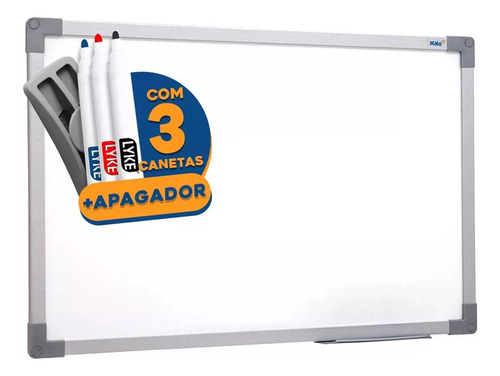 Lousa Quadro Branco 100x70 Cm Moldura Soft Alumínio + 3 Canetas Marcador Com Apagador