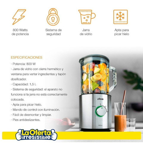 Licuadora Ufesa Delux 800w Acero Inox Jarra De Vidrio Loi