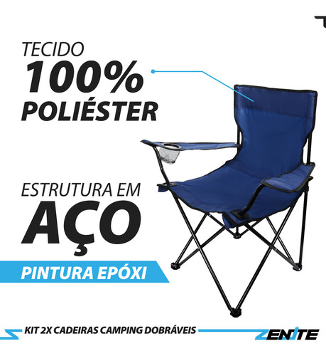 Kit 2 Cadeiras Praia Camping Pesca Dobrável Com Porta Copos + Bolsa Azul Zenite