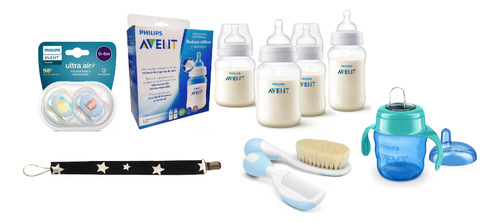 Set Recien Nacido Avent Classic ® 4 Mamaderas 2 Chupetes Clip Cepillo - Bag Pack Varon Cod565