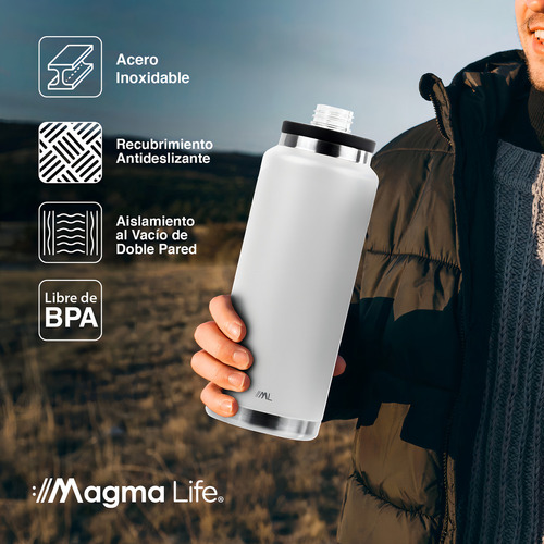 Magma Life Termo para Café y Agua, Botella Térmica de Acero Inoxidable 37 Oz (1100 ml): Contiene 1 Tapa Hermética (Blanco)