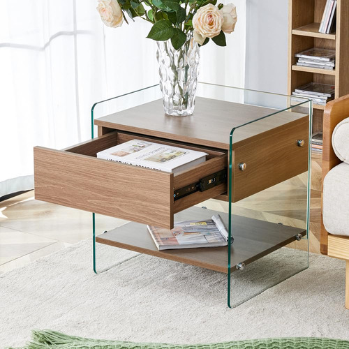 Mesa Auxiliar Moderna De Cristal Con Cajón Mesa Auxiliar