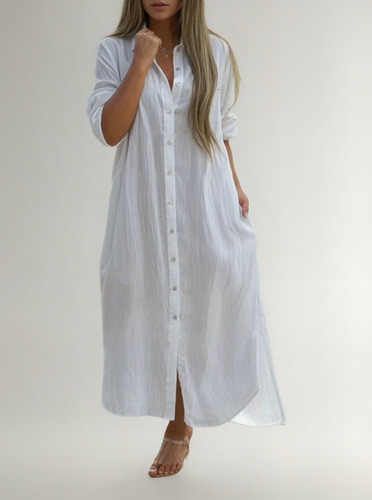 Vestido Cardigan Algodón Lino Camisa Manga Larga Casual