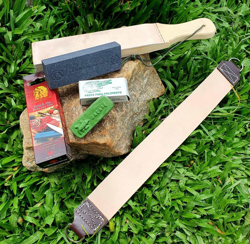 Imagem 3 de 7 de Kit De Afiação Facas Strop De Couro,pedra Afiar, Pasta Polir