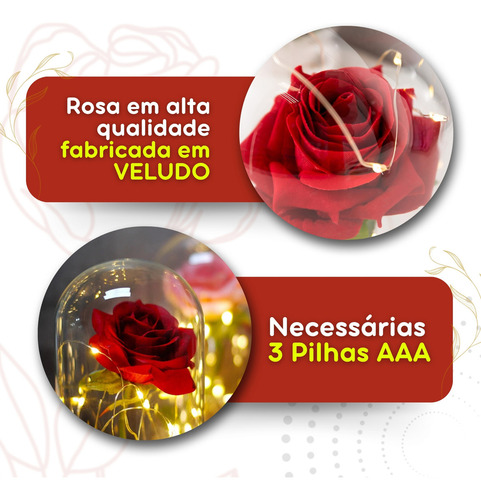 Rosa De Veludo 22cm Com Cúpula E Fio De Led A Bela E A Fera Decoração Presente Dia Dos Namorados
