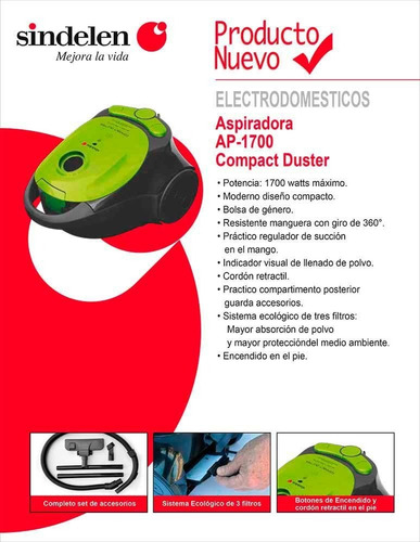 Imagen 2 de 9 de Aspiradora Arrastre Polvo Sindelen Ap1700 Bolsa Reutilizable