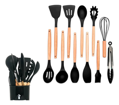 Kit 12 Utensílios Silicone Preto Com Cabo De Madeira