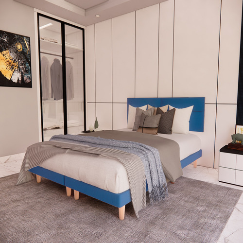 Recamara Base Cama Box Cabecera Cairo Azul Individual
