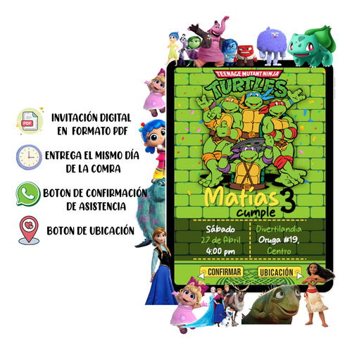 Invitación Digital Infantil Pdf Botón Confirmación Ubicación Tortugas Ninja