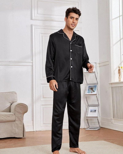 Pijama Masculino Americano Cetim De Seda Com Calça Preto
