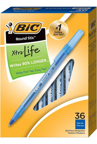 Bic Round Stic Xtra Life X36 Unidades Lapiz Boligrafo Azul Exterior Azul Acero