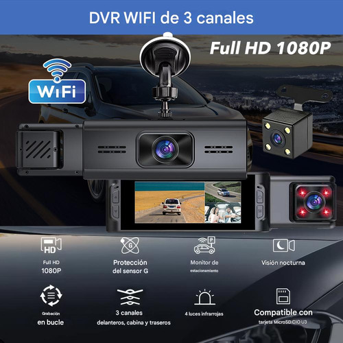 Cámara Para Auto Con Triple Lente 1080p Wifi Visión Nocturna, Cámara De Tablero Frontal, Trasera E Interior. Cámara De Coche Dash Cam 1080 Hd 170 Ángulo Con Tarjeta De Memoria 32 Gb.