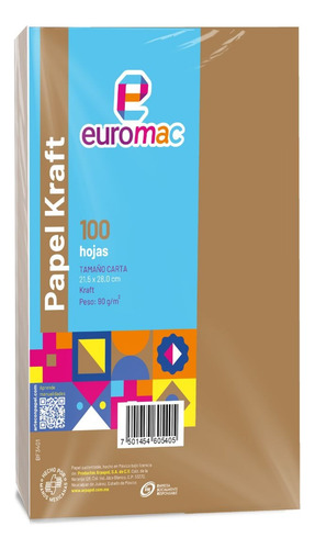 100 Hojas Papel Kraft Euromac Ek0002 Carta 90 Gr Color Café