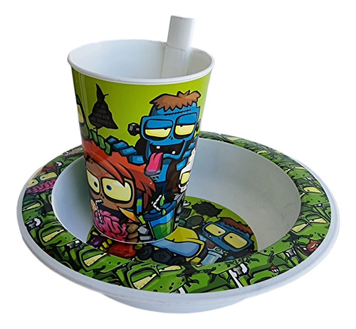 Set De Plato Hondo + Vaso Infantil  Oso Frozen Zombies