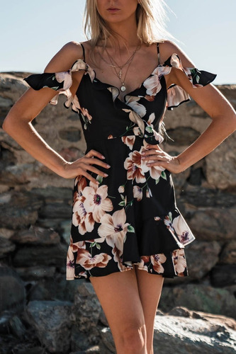 Vestido Talla S Negro Con Flores Nuevo Importado