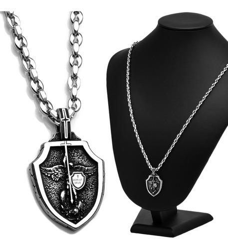 Corrente Colar Pingente Arcanjo Miguel J-1430 Aço Inox Prata
