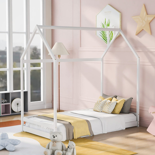 Cama De Madera Individual Con Techo Para Niños Color Blanco