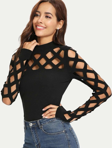 Blusa Sexy Elegante Con Abertura Cuadrada En Mangas Calada