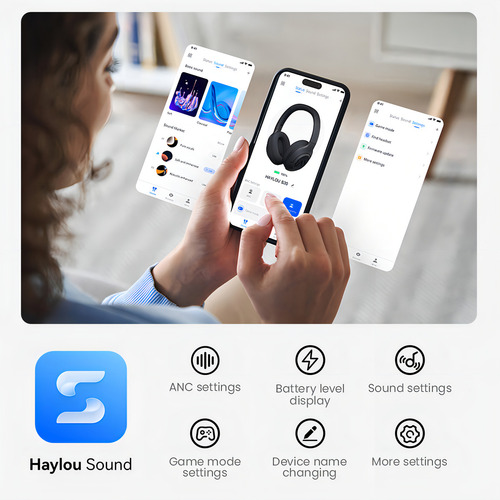 Fones de ouvido Haylou S30 Pro Anc para jogos sem fio/com microfone, Bluetooth 5.4, chamadas viva-voz, cancelamento adaptativo de ruído - 43 db, controlador de 40 mm, reprodução de 80 h, azul escuro - Excelente (Recondicionado)