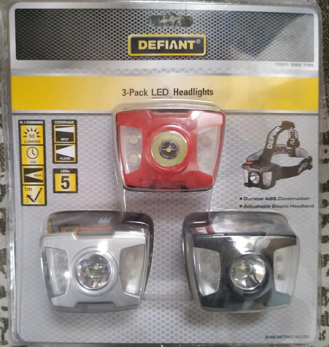 Imagen 2 de 3 de Defiant, Paquete De 3 Faros Led, Diadema Elástica, Linterna