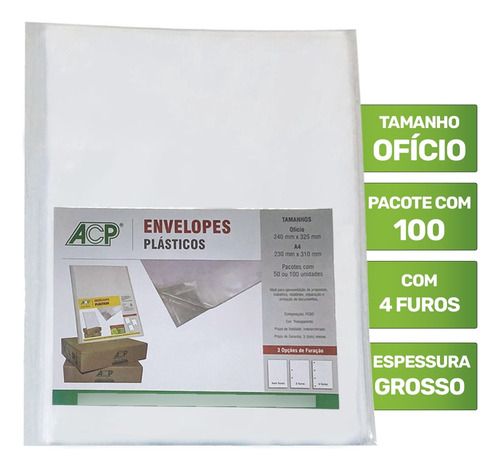 Envelope Plástico Ofício 4 Furos Grosso 0.10mm C/ 100 Unid