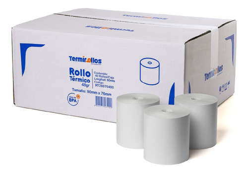 Rollo Termico 80 Mm X 80 Mts Caja 40pz Termirollos Libre Bpa Color Blanco