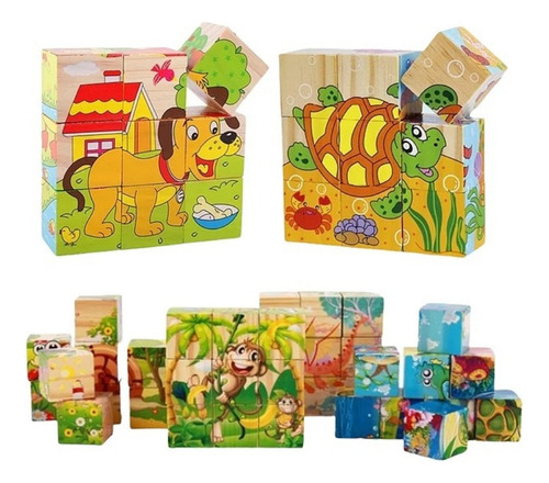 Pack X6 Juguete Puzzle Bloques Madera Rompecabezas 45 Piezas