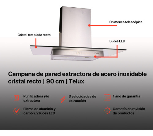 Campana Telux 90cm Tipo Pared 19 Electrónico Crist Recto