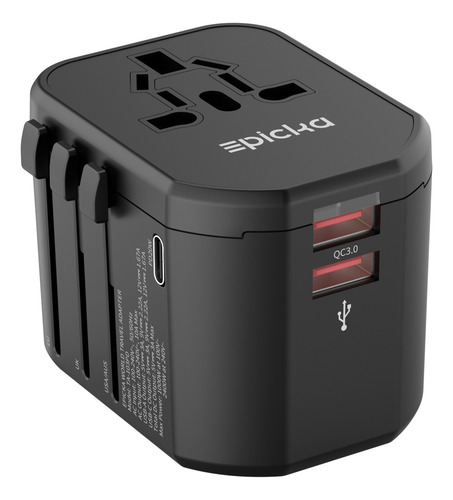 Adaptador de viaje universal Epicka negro, con 2 puertos USB-A y 1 USB-C, compatible con enchufes de EE. UU., UE, Reino Unido y Australia.