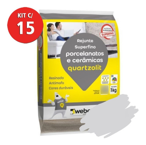 Kit C/ 15  Rejunte Porcelanato 1kg Cinza Platina Quartzolit