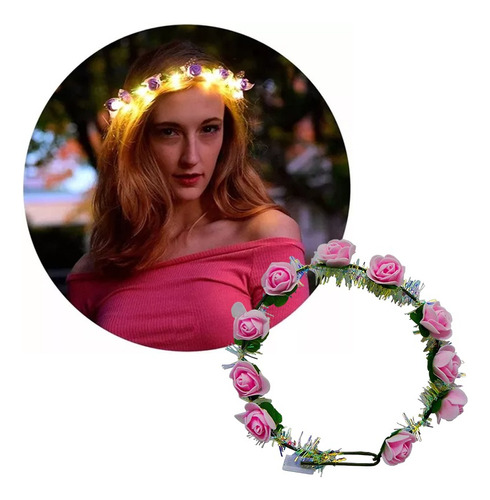 Pack Vinchas Flores Rosa  Led Hippie A Pilas Hawaiana Corona