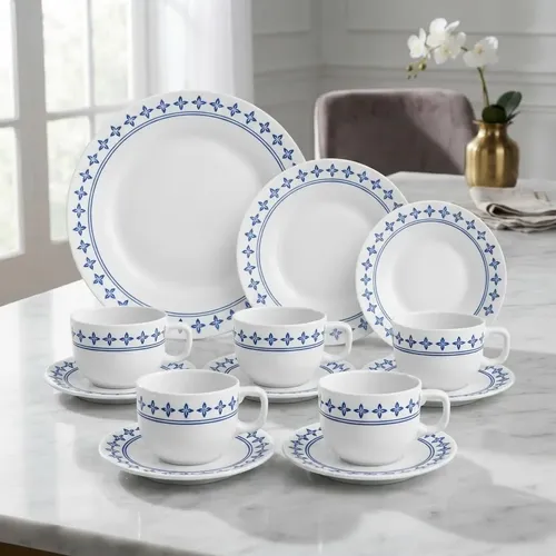 Aparelho De Jantar 16 Peças Opalina Branco E Azul Floral Florido