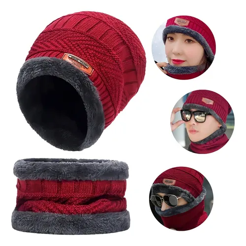 Touca Gorro Cachecol Forrada Lã Frio Echarpe Inverno Unissex Cor Vermelho Desenho Do Tecido Liso Tamanho Único