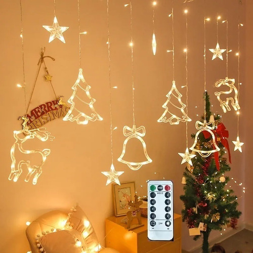 Cortina De Led Campanas Estrellas Renos Árbol Con Control 