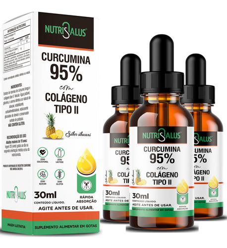 Kit 3 - Cúrcuma - Curcumina 95% Com Colágeno Tipo 2 Em Gotas 30ml - Sabor Abacaxi - Nutri Salus