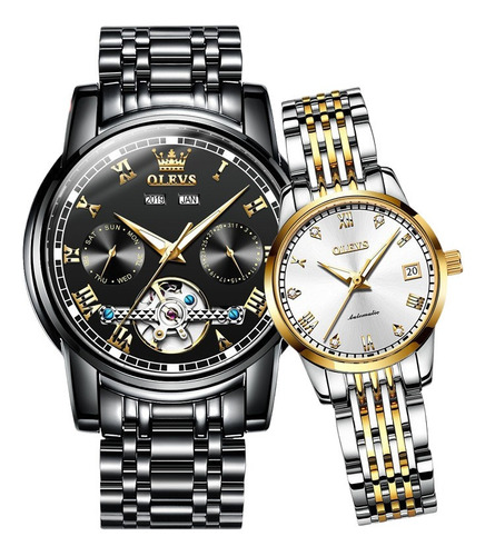 Reloj Mecánico Automático Reloj De Pareja Reloj Esqueleto Color de la correa Plateado Color del bisel Dorado Color del fondo Black White Watch