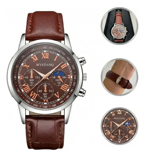 Relógio Masculino Mystianq 42mm Pulseira de Couro Marrom Prateado