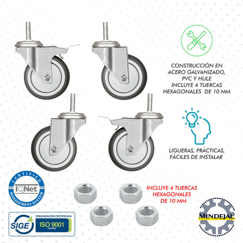Pack 4 ruedas llantas hule Pvc 3 pulgada freno giratorias ruedas Mindejal MINRU3