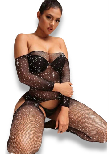 Bodystocking Sexy Lencería Malla Negro Red Body Brillos